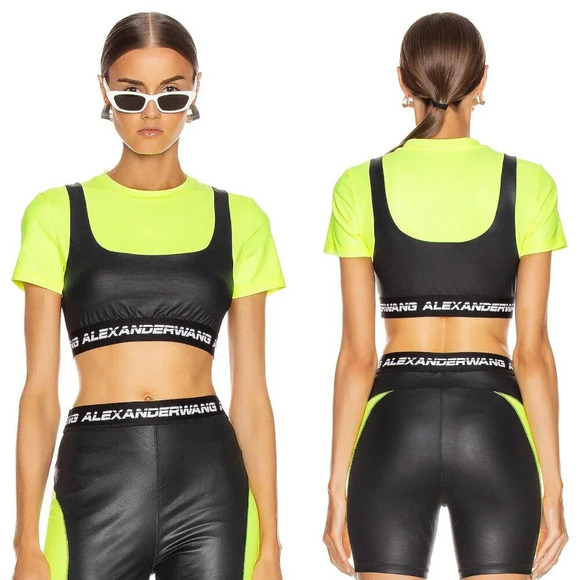 New! Alexander Wang Wash & Go Satin Jersey Logo Elastic Crop Top 27280 - Picture 1 of 8